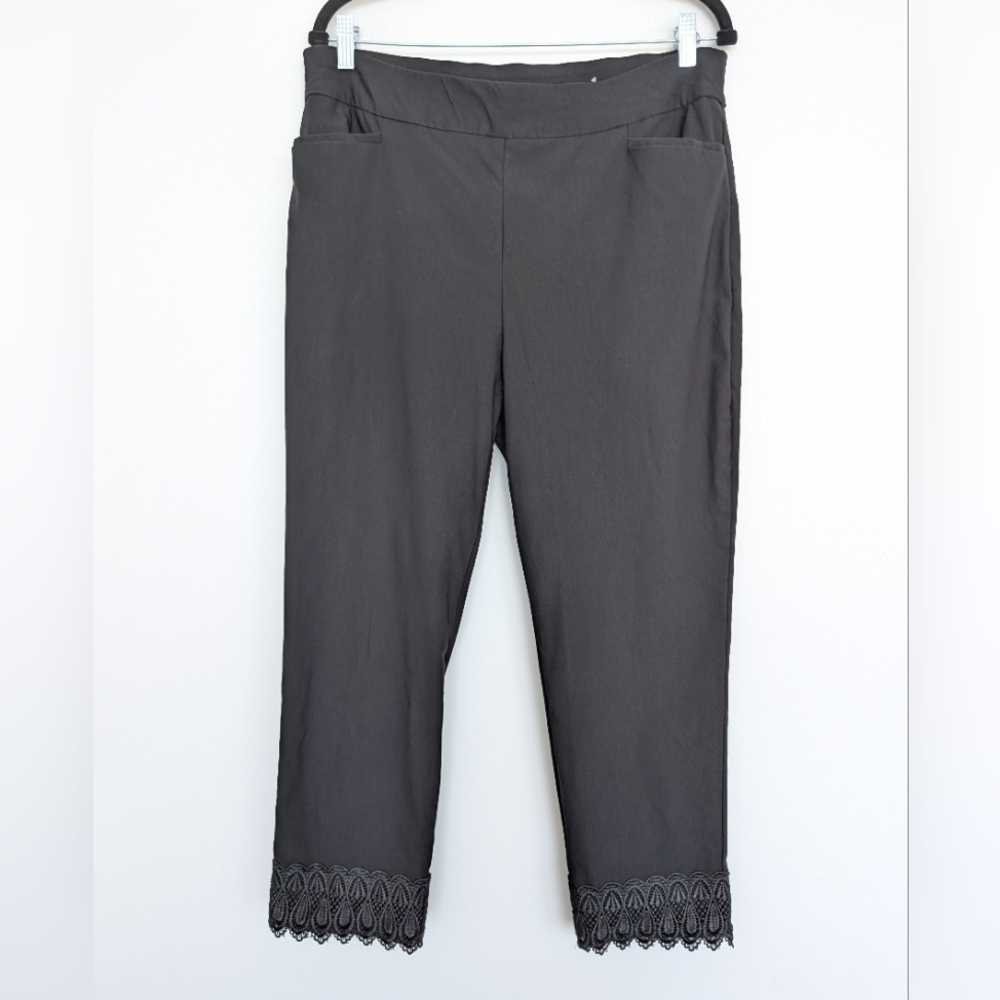 Chico's Cropped Ankle Pants with Lace Trim in Charcoal